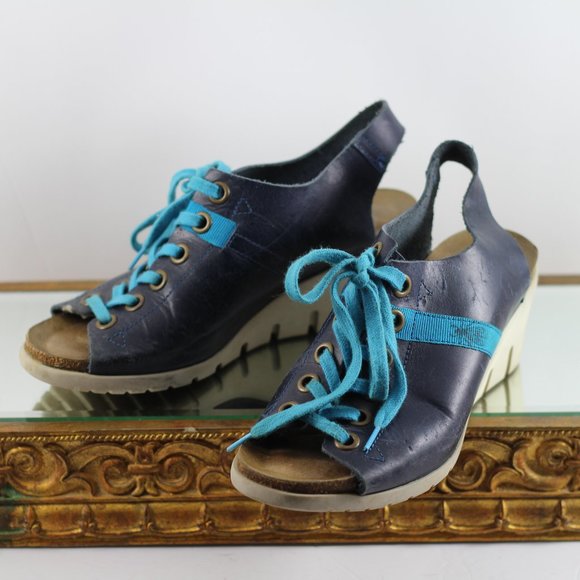 Vintage Fly Girl Blue Leather Peep Toe Wedges - Picture 9 of 15